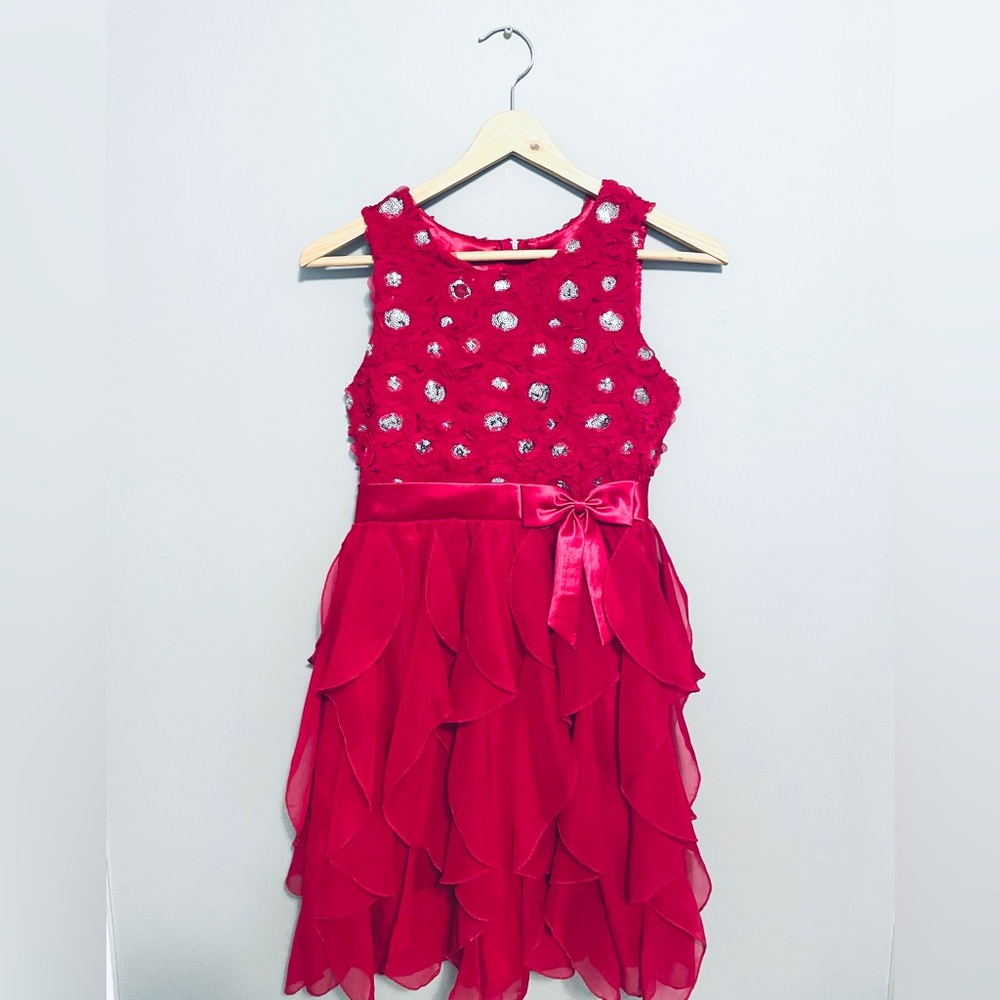 Red Kids Dress with Silver Floral Details